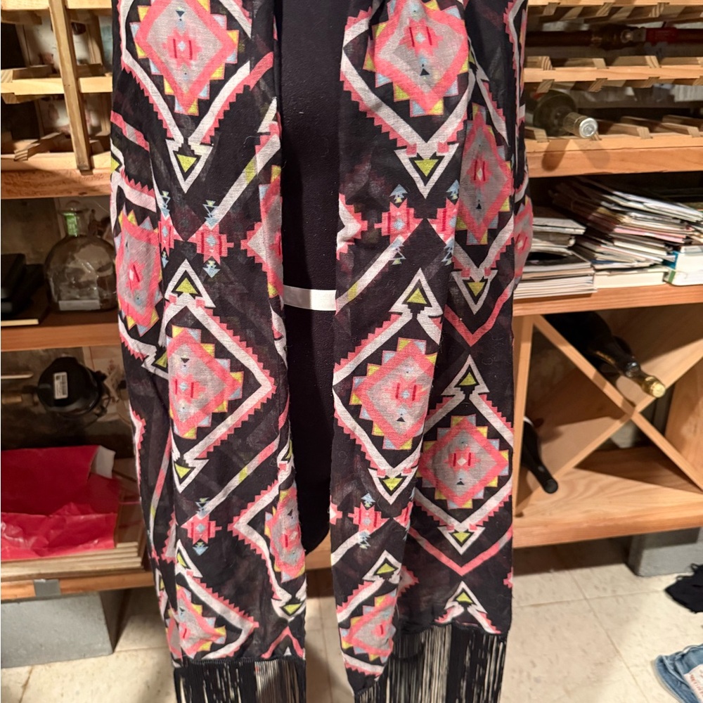 Black Southwestern‎ Geometric Print Fringe Scarf Wrap Pink Yellow Boho Shawl